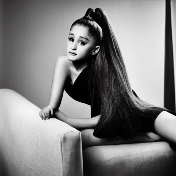 Image similar to award winning photo of Ariana Grande on a chesterfield lounge, symmetrical face, beautiful eyes, studio lighting, wide shot art by Sally Mann & Arnold Newman