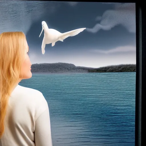 Image similar to a hyper realistic image of a very beautiful blond girl standing near a window, she is facing the camera, a Beluga is swimming in the sky