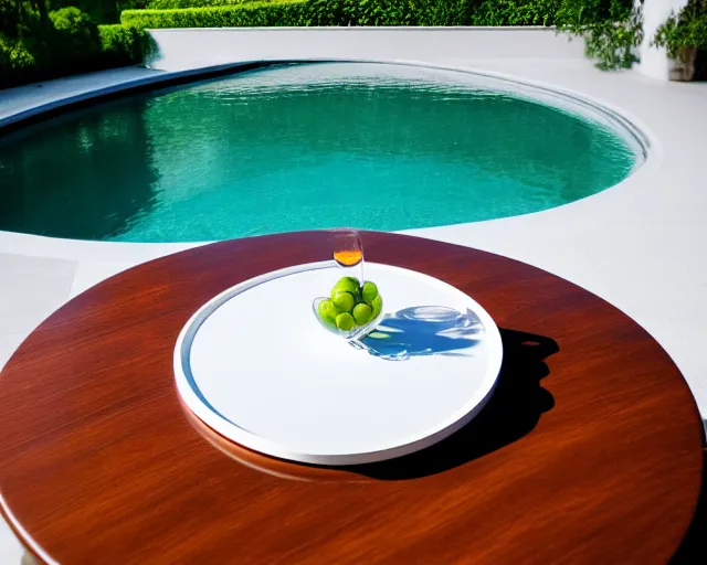 Prompt: 5 5 mm photo of thin tall wine glass on a zen minimalist round white table with gorgeous pool in the background. highly detailed 8 k. intricate. lifelike. soft light,