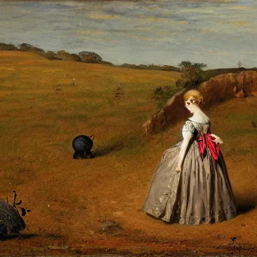 Prompt: young victorian lady in ball gown observing an anthill, painted by alfred stevens