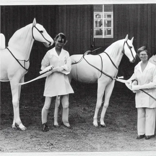 Image similar to horses dressed as nurses performing an operation