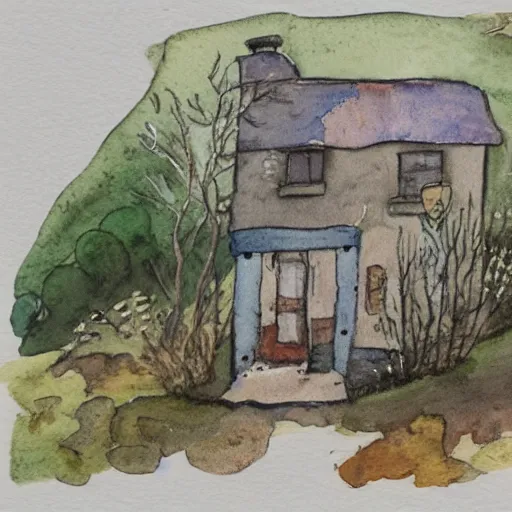 Prompt: a watercolor and ink painting of a cottage, drawn on white parchment paper, vibe, atmosphere, detailed, muted colors, by greg rutowski and ryan berkley