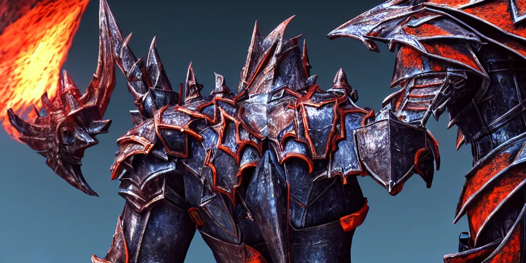 Prompt: closeup of a 3 d model of knight from behind with a lance and shield in the style of final fantasy and a 3 d model dragon in the style of monster hunter breathing fire on him, realistic, fisheye lense, blue and orange lighting, rim lighting, cinematic feel, in a forest, art by unreal engine 4, game art, trending on art station