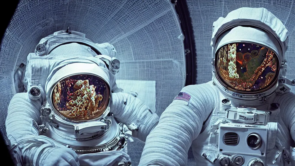 Prompt: a single astronaut eva suit interwoven with diamond 3d fractal lace iridescent bubble 3d skin and covered with insectoid compound eye camera lenses floats through the living room, film still from the movie directed by Denis Villeneuve with art direction by Salvador Dalí, wide lens,