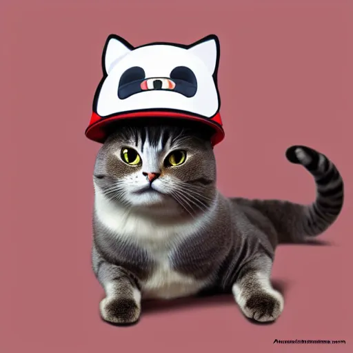 Image similar to A beautiful oil painting of a Kawaii Cat wearing a Super Mario Hat, illustration, art by artgerm, volumetric lighting, photorealistic, highly detailed.