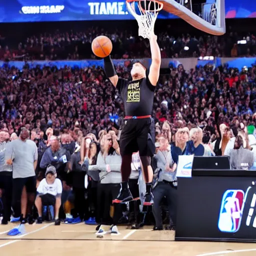 Image similar to elon musk slam dunks in the 2 0 1 9 nba slam dunking contest