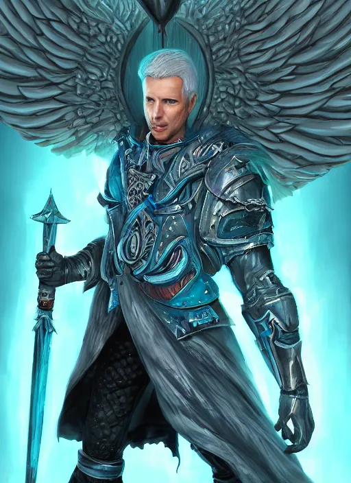 Prompt: An epic fantastic realism comic book style portrait painting of arrogant aasimar hexblade warlock, teal electricity, male, massive angel wings, silver hair, short beard, 4k, 8k, Apex Legends Concept Art, D&D Concept Art, unreal 5, DAZ, hyperrealistic, octane render, cosplay, RPG portrait, dynamic lighting