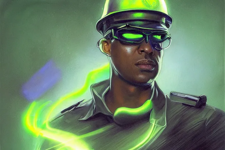 Prompt: Extremely funny portrait of a glowing translucent body glowing male police officer wearing cool shades. Green fluorescent aura around the officer, wide angle, magic, green fire, darkness, dramatic lighting, Africa, intricate, wild, highly detailed, digital painting, artstation, concept art, smooth, sharp focus, illustration, art by artgerm and greg rutkowski and alphonse mucha, footage from space camera