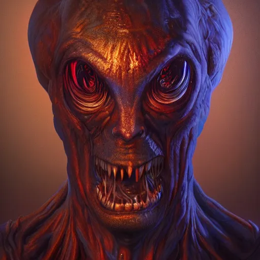 Prompt: photorealistic inhuman alien demon in the style of michael whelan and gustave dore. hyperdetailed photorealism, 1 0 8 megapixels, amazing depth, glowing rich colors, powerful imagery, psychedelic overtones, 3 d finalrender, 3 d shading, cinematic lighting, artstation concept art