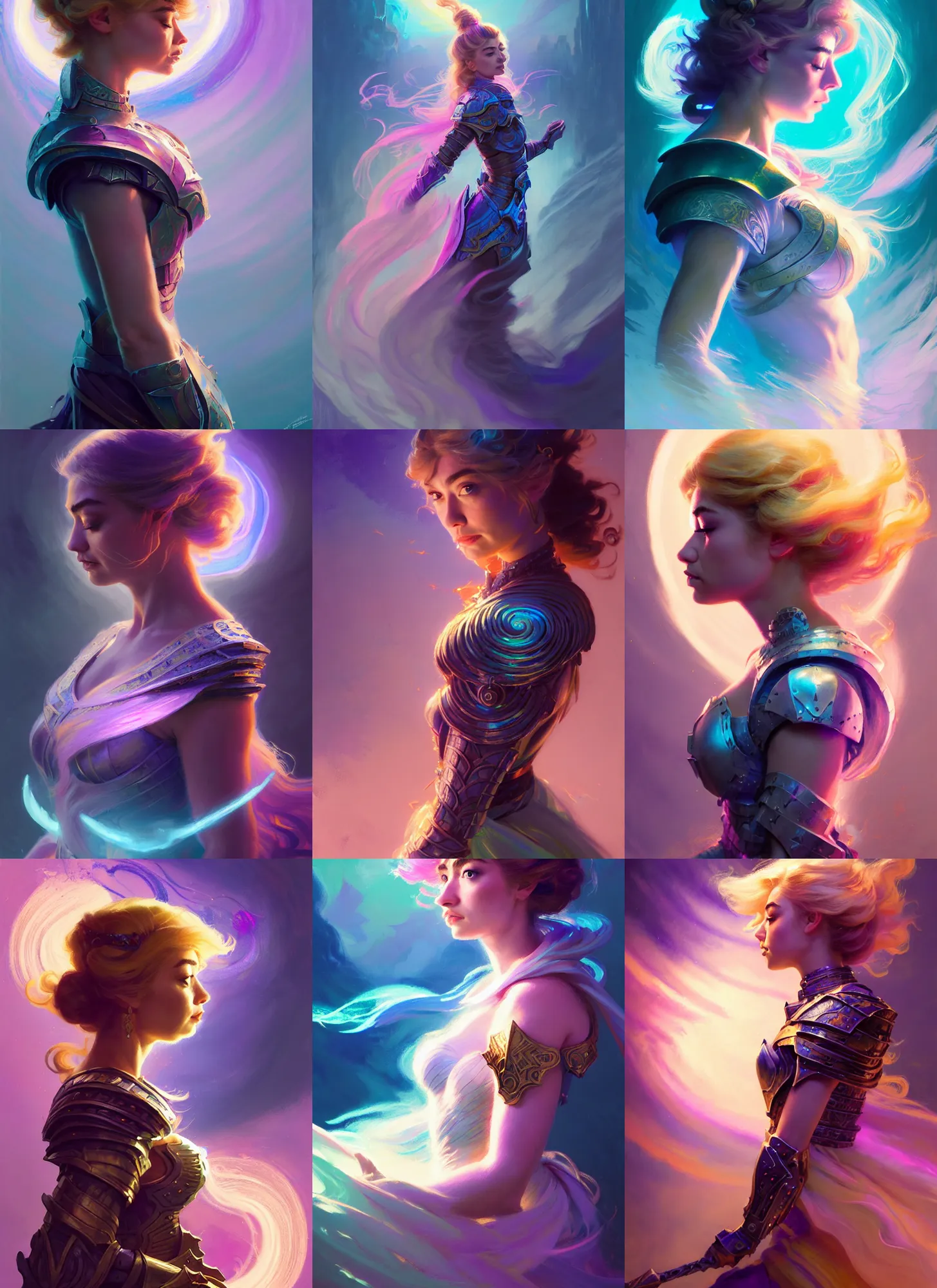 Prompt: side portrait, imogen poots, paladin, fantasy armor, gloomhaven, luminescent, colorful swirly ripples of magic, pastel colors, by greg manchess, huang guangjian, gil elvgren, sachin teng, greg rutkowski, jesper ejsing, ilya kuvshinov