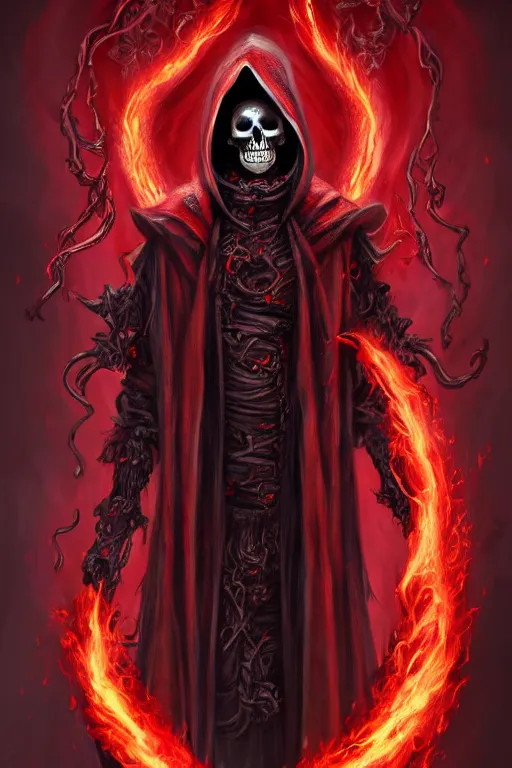 Image similar to A full body portrait of a mysterious character with a flaming skull with a very long hooded blood red and black cloak, tentacles coming out the ground art by Jason Chan, ominous, cosmic horror, trending on artstation, Ultra detailed, hyper realistic 4k