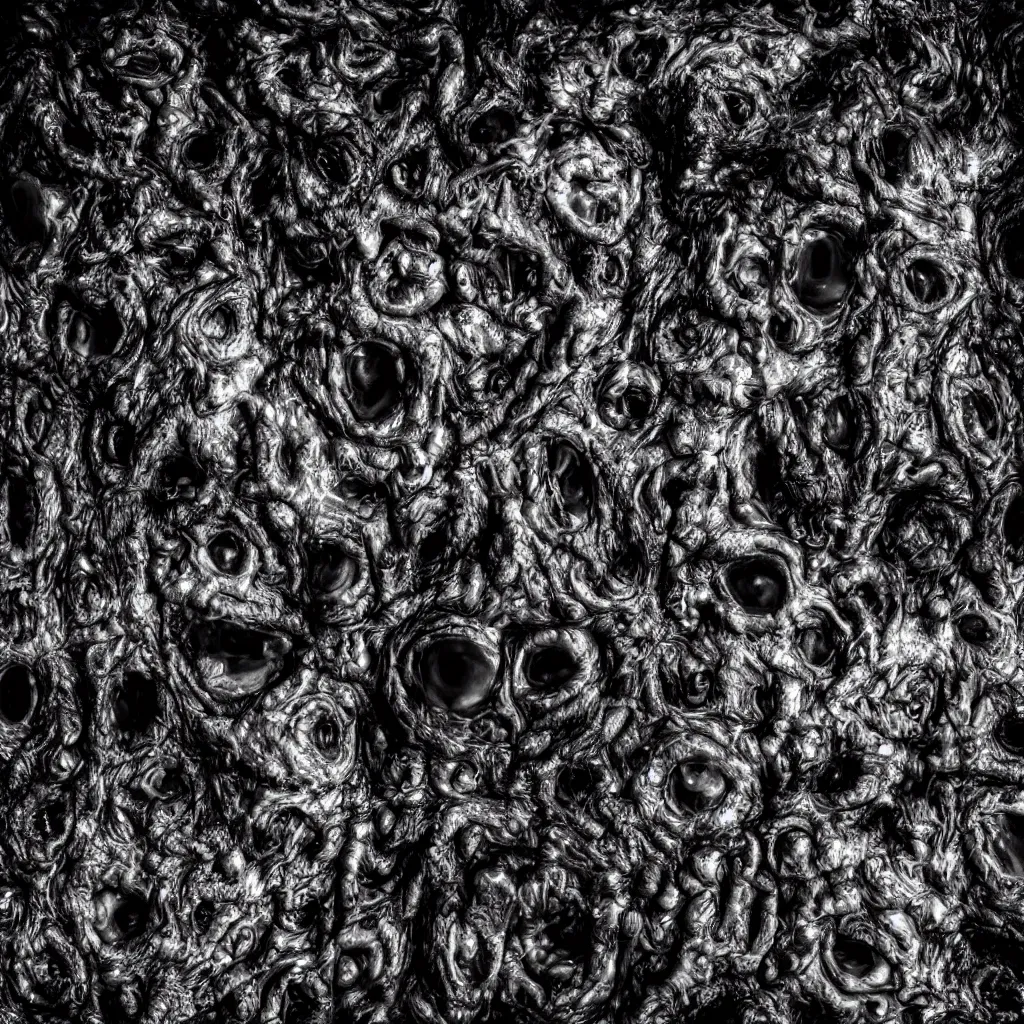 Prompt: a huge monster from dark oily gelatinous substance, with hundreds of faces just below the surface, covered in human eyes, ominous, dark lighting, barely visible from the shadows, ultrarealistic, 4 k photo, leica