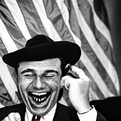 Image similar to Mob boss laughing maniacally, smoking a cigar, american flag in background, award winning photo by DALLE