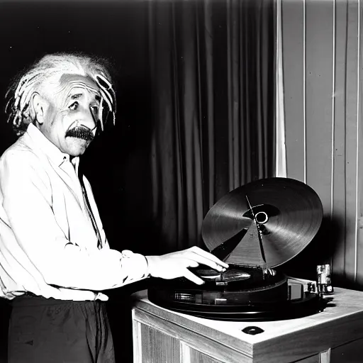 Prompt: color photograph of Albert Einstein DJing a record player at a nightclub, color photograph