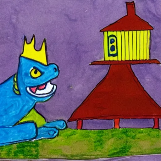 Image similar to children's cartoon of a blue dragon sitting on top of a yellow suburban home