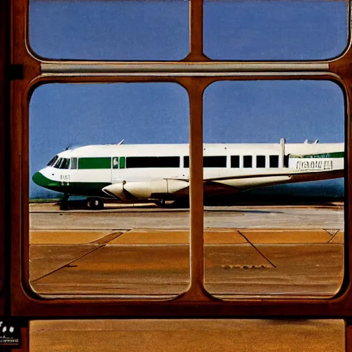 Prompt: View through the window of at an African airport of a Lockheed L-188 Electra parked on the runway norman rockwell artwork