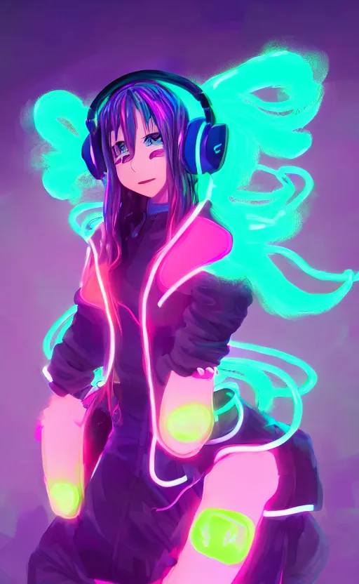 Image similar to anime girl with glowing neon hair wearing fit neon clothing and headphones while holding a laptop, WLOP, concept art, digital painting, trending on artstation, highly detailed, epic composition, 8k UHD