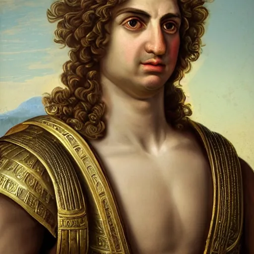 Image similar to A 17th century Baroque Painting of Alexander the Great, portrait of Alexander the Great, grainy, realistic, very realistic, hyperrealistic, highly detailed, very detailed, extremely detailed, very neat, very epic, very cool, detailed, trending on artstation