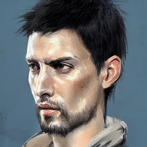 Image similar to portrait of a man by greg rutkowski, he is! about 3 0 years old, short black hair with bangs, his features are a mix between french, turkish and russian and he is wearing a beige and black utility jumpsuit, highly detailed portrait, digital painting, artstation, concept art, smooth, sharp foccus ilustration, artstation hq