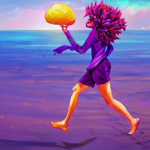 Image similar to portrait, giant purple dahlia flower head, woman running at the beach, surreal photography, sunrise, blue sky, dramatic light, impressionist painting, digital painting, artstation, simon stalenhag