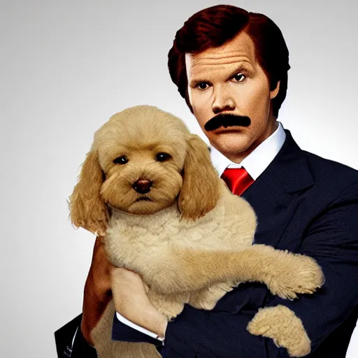 Prompt: sketch of ron burgundy holding his dog