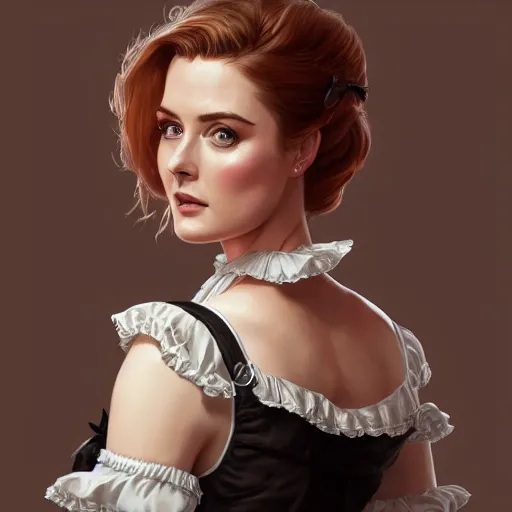 Image similar to a portrait of alexandra breckenridge as a french maid, urban motifs, intricate, elegant, highly detailed, digital painting, trending on artstation, concept art, smooth sharp focus, illustration, art by artgerm and greg rutkowski