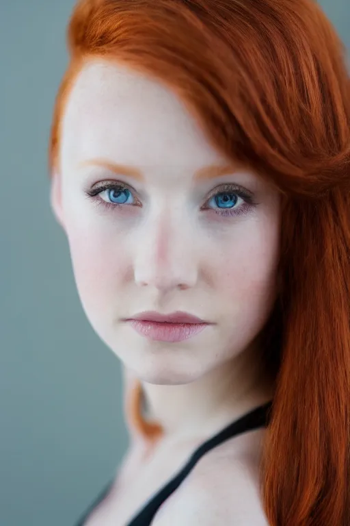 Image similar to a portrait of a redhead beautiful girl, green eyes, highly detailed, 3 5 mm f 1. 4 background silver fir