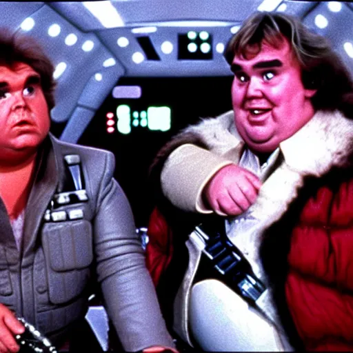 Image similar to John Candy dressed as Barf from Spaceballs sits next to Han Solo in the Millenium Falcon, movie still ftom Star Wars (1977)