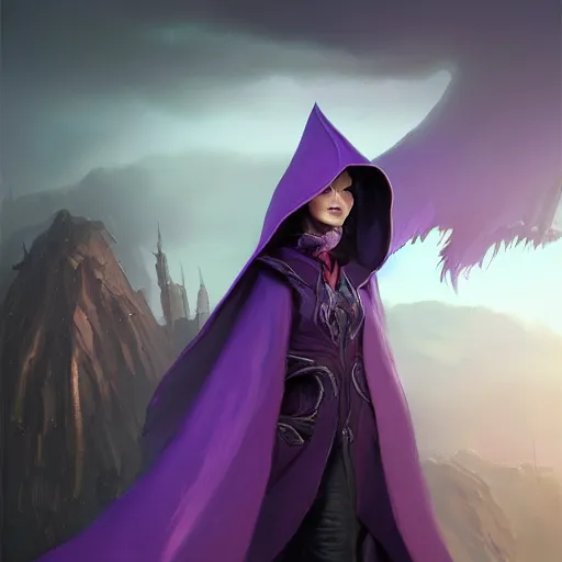 Image similar to female warlock long hood cloak purple, fighting monster with magic, 8 k, trending on artstation by tooth wu and greg rutkowski