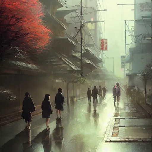Prompt: walking from naka - meguro, tokyo. volumetric lighting, spring late morning, nice slight overcast weather, realistic illustration, perfectly shaded, soft painting, art by krenz cushart and wenjun lin