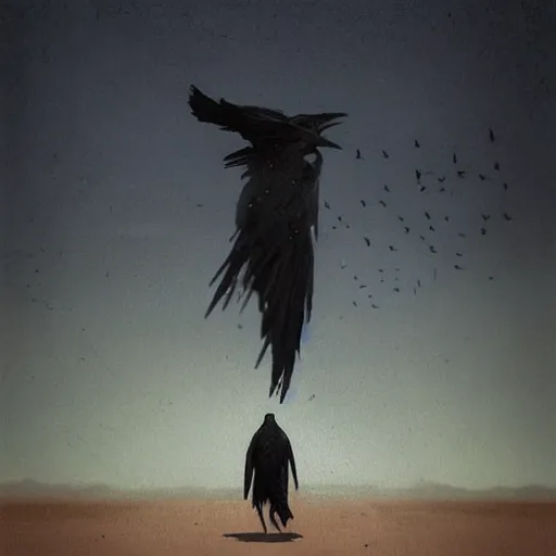 Image similar to Man with long black hair is followed by crows in the desert | front view man | crows in the background | painting by Greg Rutkowski