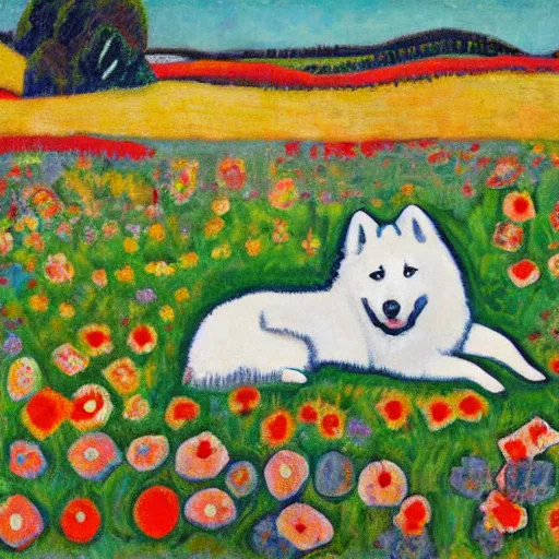 Prompt: a samoyed dog sitting in the middle of sunny meadow, by marsden hartley