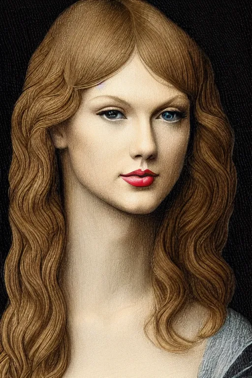 Image similar to a portrait of taylor swift in the style of leonardo da vinci drawing,, single head, no double head,