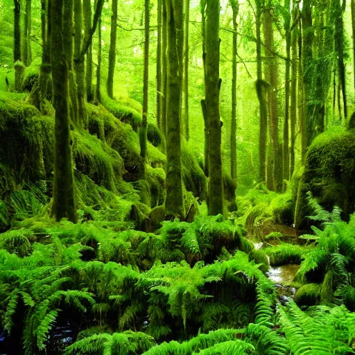 Image similar to 3 0 round pools of water in a forest, the wood between the worlds, narnia, cs lewis, lush green forest, moss and ferns, ferns,