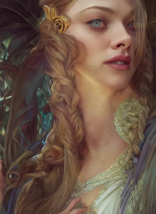 Image similar to beautiful young amanda seyfried as the rapunzel princess, closeup, d & d, fantasy, intricate, elegant, highly detailed, digital painting, artstation, concept art, matte, sharp focus, illustration, art by artgerm and greg rutkowski and alphonse mucha