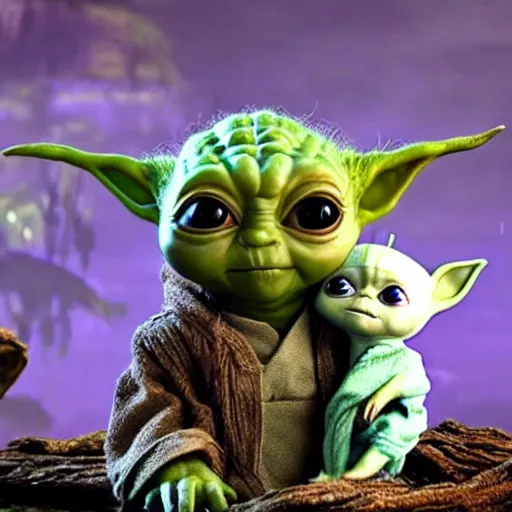 Image similar to Baby Yoda And groot meet each other for the first time 4K quality super realistic