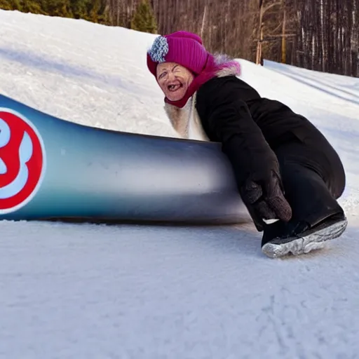 Prompt: professional photo, an elderly woman sliding down an incredibly long ice luge on her back at incredibly high speeds