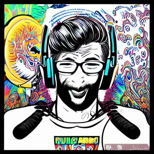 Image similar to artgerm, psychedelic android, rocking out, headphones dj rave, digital artwork, r. crumb, svg vector