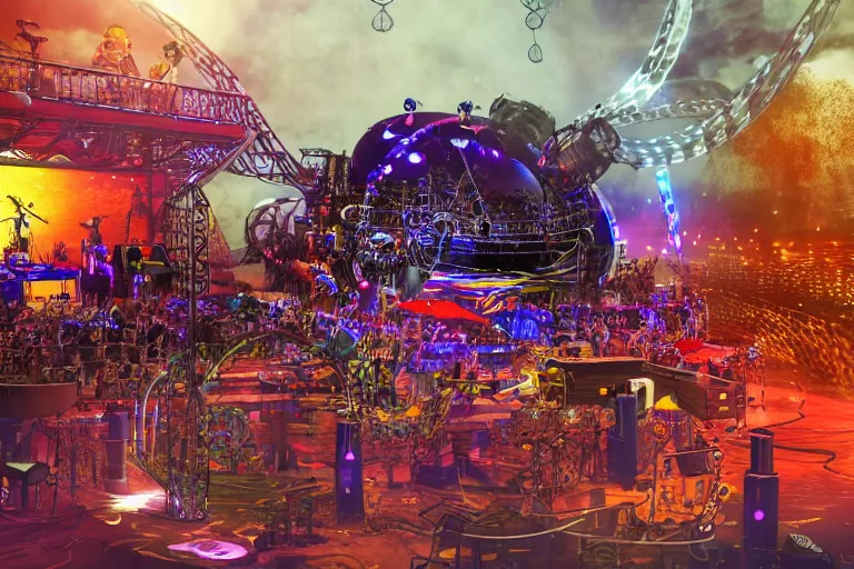 Image similar to an outdoor festival stage with audience, on stage is a rockband with 3 steampunk robots with guitars and drums, center of the stage is a big futuristic steampunk generator with gears and belts and tubes, laser show, 8 k, fluorescent colors, halluzinogenic, multicolored, exaggerated detailed, unreal engine