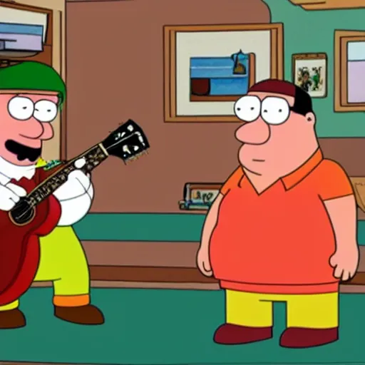 Image similar to bert jansch playing guitar next to peter griffin in family guy