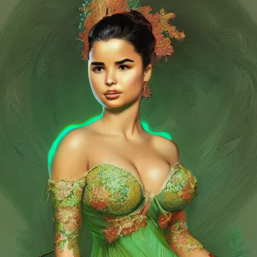 Image similar to demi rose wearing a green kebaya, digital painting, artstation, concept art, sharp focus, illustration, art by artgerm and greg rutkowski and alphonse mucha