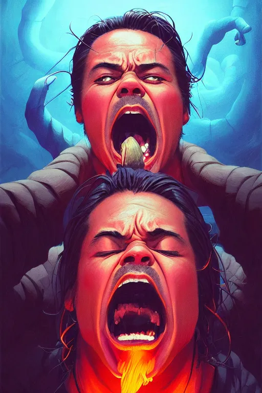 Image similar to a highly detailed beautiful portrait of Mike Patton in hell screaming in front of people, highly detailed, 2d game fanart behance hd by Jesper Ejsing, by RHADS, Makoto Shinkaih and Lois van baarle, ilya kuvshinov, rossdraws global illumination, cinematic, hyper-realistic, depth of field, coherent, high definition, 8k resolution octane renderer, artstation