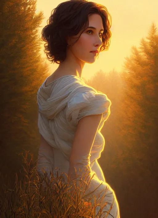 Image similar to symmetrical, full body portrait of a woman with short wavy hair, round face, cottagecore!!, river, trees, golden hour, intricate, elegant, highly detailed, digital painting, artstation, concept art, smooth, sharp focus, illustration, art by artgerm and greg rutkowski and alphonse mucha