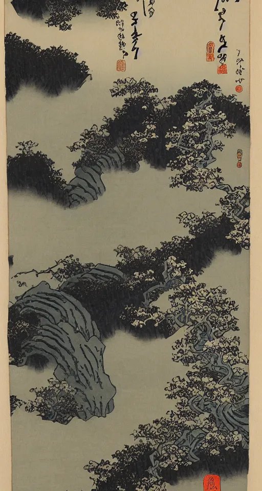 Image similar to hokusai : : steps leading up to a temple : : japanese style : : black ink