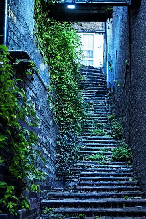 Prompt: small overgrown urban garden at twilight in Montreal backalley, brick wall, metal spiral staircase, overcast sky, moonlight, volumetric lighting, cell-shading, blue and black color scheme