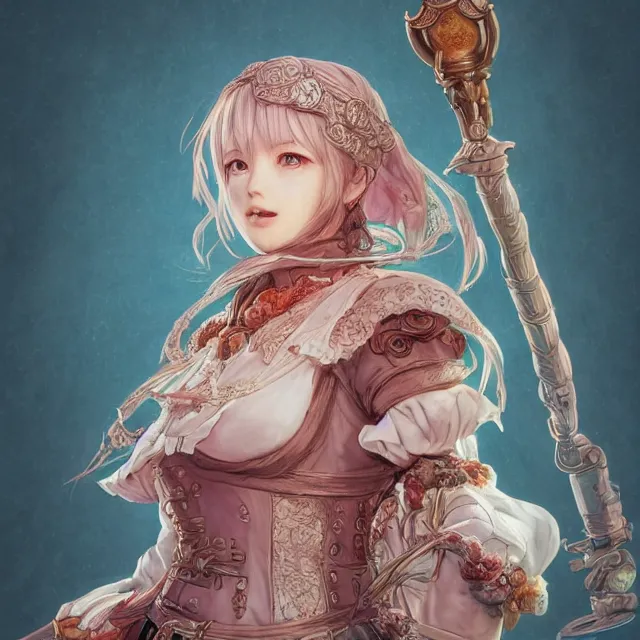 Image similar to the portrait of neutral good colorful female cleric bard as absurdly beautiful, gorgeous, elegant, young gravure idol, an ultrafine hyperdetailed illustration by kim jung gi, irakli nadar, intricate linework, sharp focus, bright colors, octopath traveler, final fantasy, unreal engine 5 highly rendered, global illumination, radiant light, detailed and intricate environment