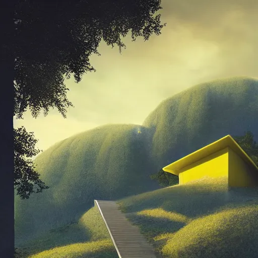 Prompt: futuristic yellow house between hills with big trees, monks walking, multiple moons, dramatic lighting, artstation, matte painting, raphael lacoste, simon stalenhag, frank lloyd wright, zaha hadid