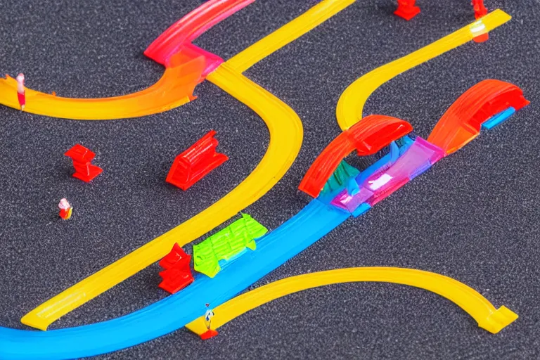 Prompt: windy racetrack made of translucent colorful plastic, miniature 85mm