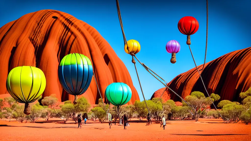 Image similar to large colorful futuristic space age metallic steampunk balloons with pipework and electrical wiring around the outside, and people on rope swings underneath, flying high over the beautiful uluru in central australia city landscape, professional photography, 8 0 mm telephoto lens, realistic, detailed, photorealistic, photojournalism