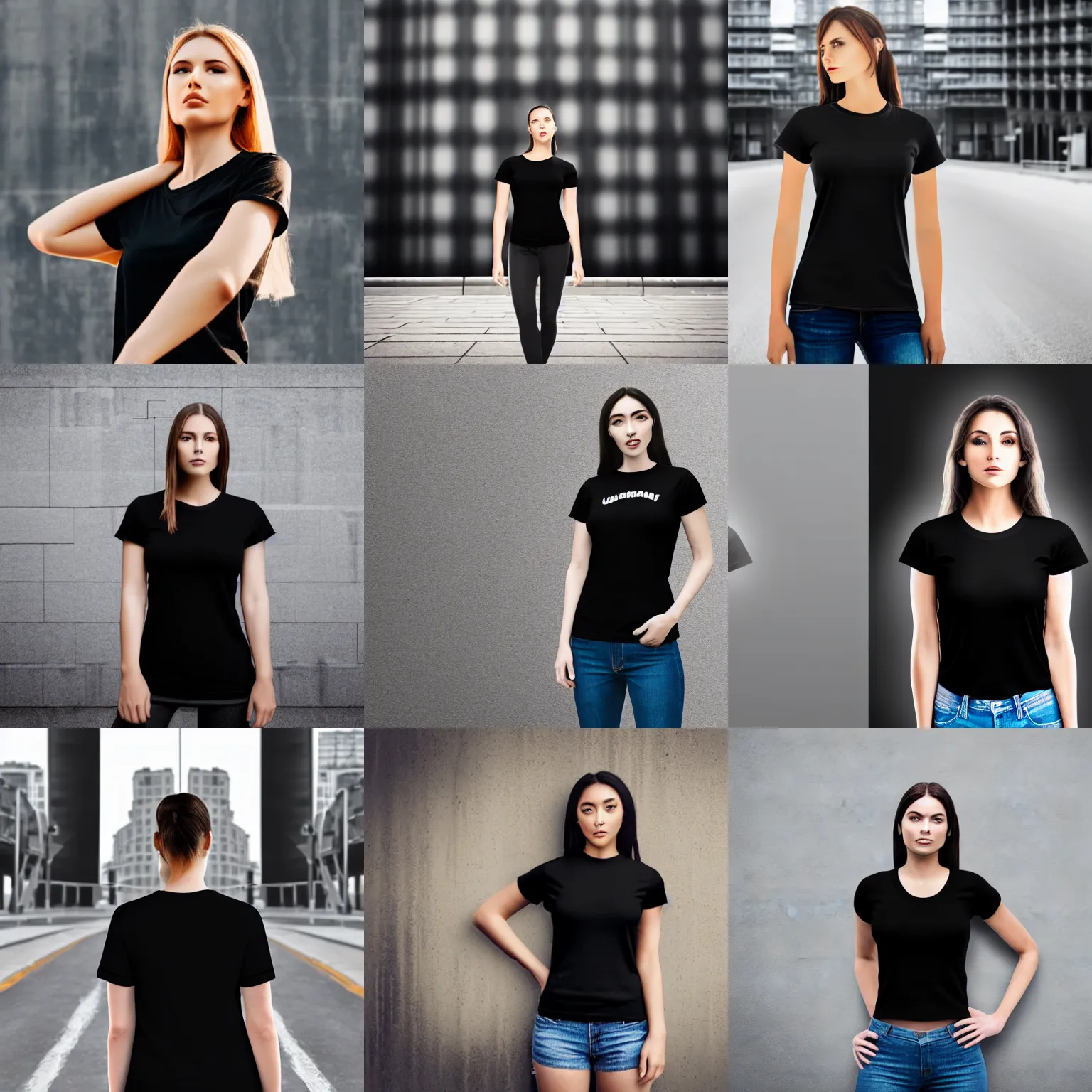 Prompt: clear photorealistic mockup product photograph of a blank black tshirt on an attractive female model in front of an urban background - h 7 0 4